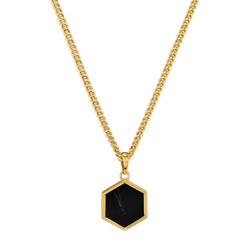 HEXAGON BLACK MARBLE NECKLACE 925 SILVER 18 CARAT GOLD PLATED - IDENTIM®
