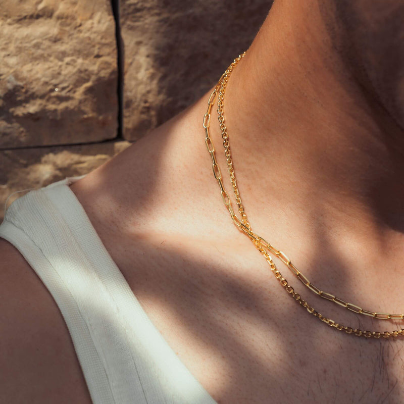 PAPERCLIP & PEA CHAIN SET 925 SILVER 18 CARAT GOLD PLATED