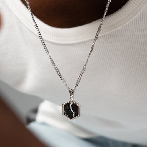 HEXAGON BLACK MARBLE NECKLACE 925 SILVER RHODIUM PLATED - IDENTIM®