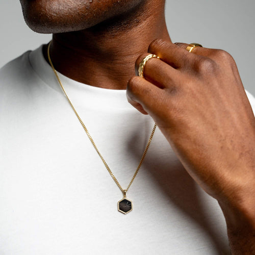 HEXAGON BLACK MARBLE NECKLACE 925 SILVER 18 CARAT GOLD PLATED - IDENTIM®