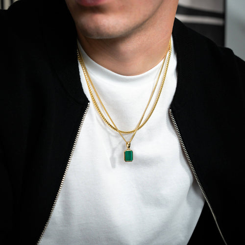 MALACHITE NECKLACE CURB CHAIN SET 925 SILVER 18 CARAT GOLD PLATED - IDENTIM®