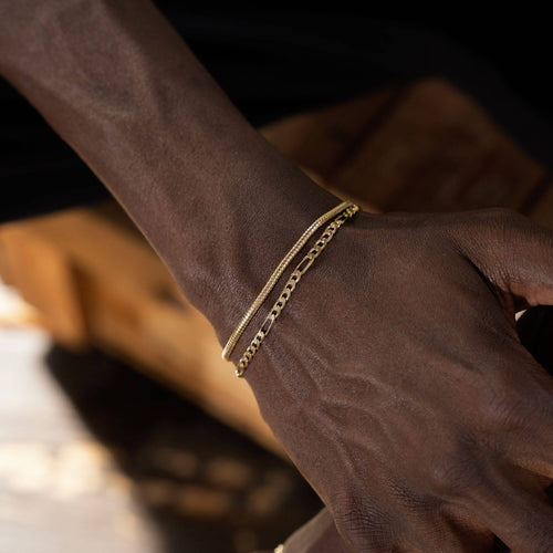 BRACELET SET SNAKE FIGARO GOLD BRACELET 925 SILVER 18 CARAT GOLD PLATED - IDENTIM®