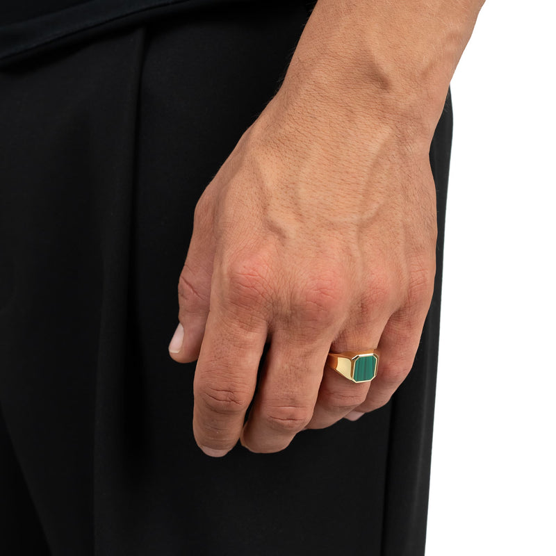 SIGNET RING MALACHITE OCTAGON 585, 750 GOLD
