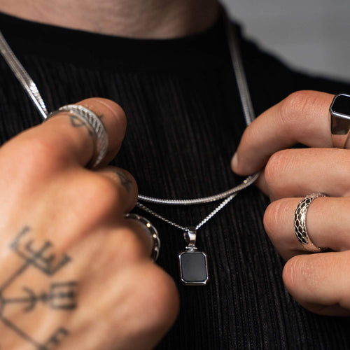 ONYX NECKLACE SNAKE CHAIN SET 925 SILVER RHODIUM PLATED - IDENTIM®