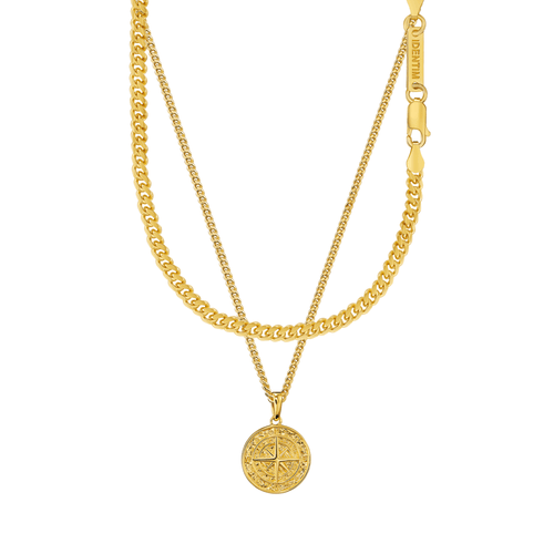 COMPASS NECKLACE CURB CHAIN SET 925 SILVER 18 CARAT GOLD PLATED - IDENTIM®