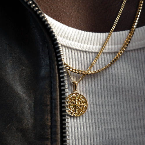 COMPASS NECKLACE CURB CHAIN SET 925 SILVER 18 CARAT GOLD PLATED - IDENTIM®