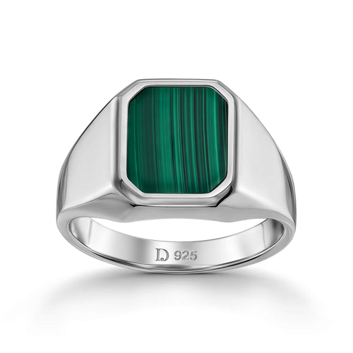 SIGNET RING MALACHITE OCTAGON 925 SILVER RHODIUM-PLATED - IDENTIM®