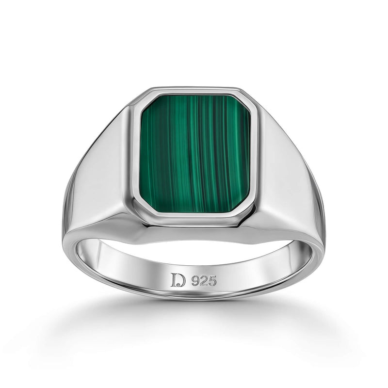 SIGNET RING MALACHITE OCTAGON 925 SILVER RHODIUM PLATED