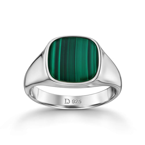 SIGNET RING MALACHITE SQUARE 925 SILVER RHODIUM-PLATED - IDENTIM®