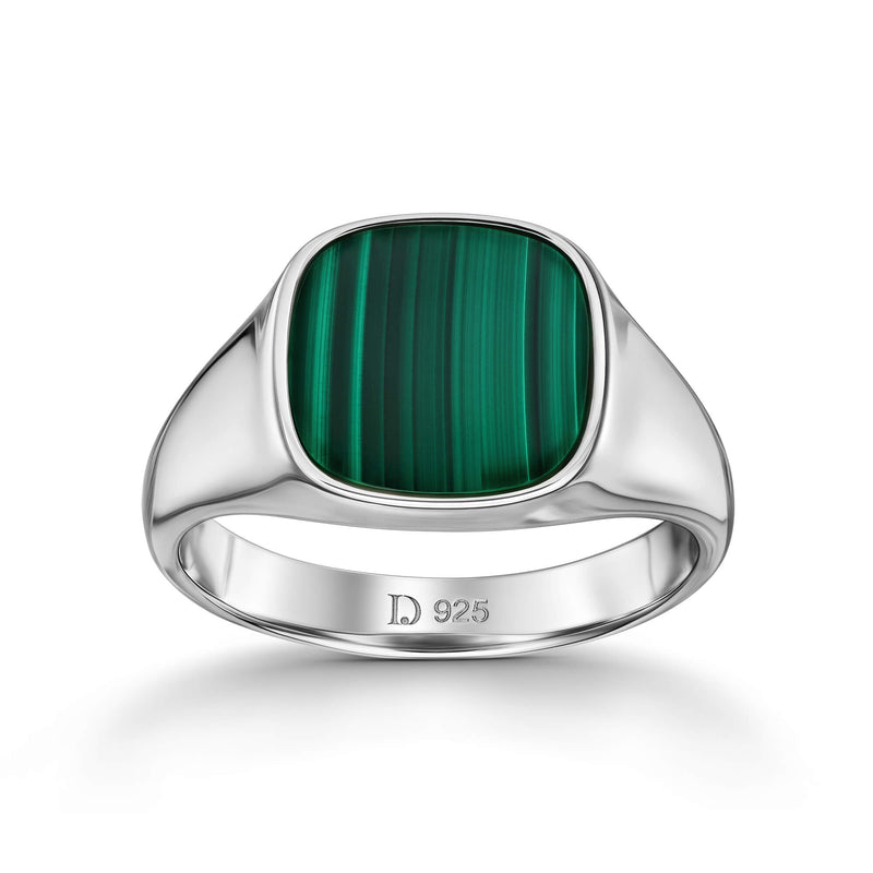 SIGNET RING MALACHITE SQUARE 925 SILVER RHODIUM PLATED