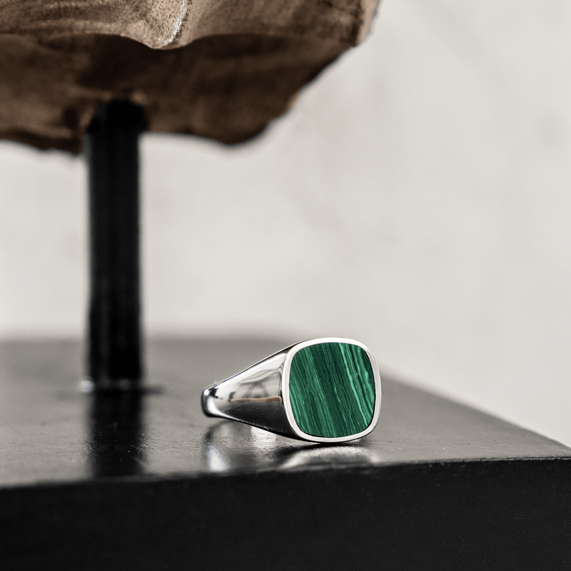 SIGNET RING MALACHITE SQUARE 925 SILVER RHODIUM PLATED