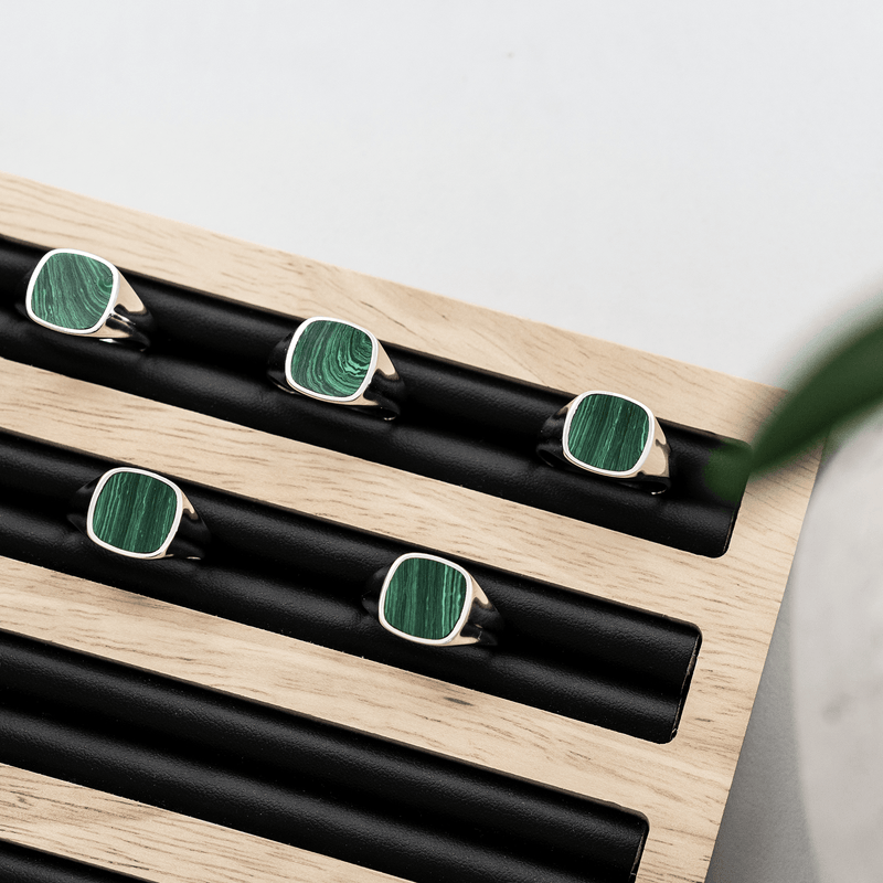 SIGNET RING MALACHITE SQUARE 925 SILVER RHODIUM PLATED