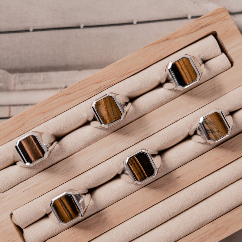 SIGNET RING TIGER EYE OCTAGON 925 SILVER RHODIUM PLATED