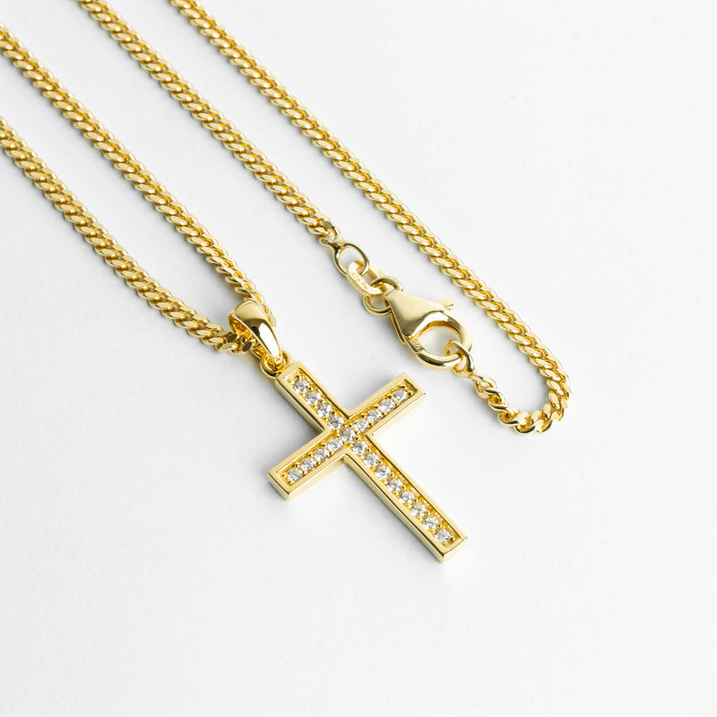 CROSS NECKLACE ICED OUT 925 SILVER 18 CARAT GOLD PLATED