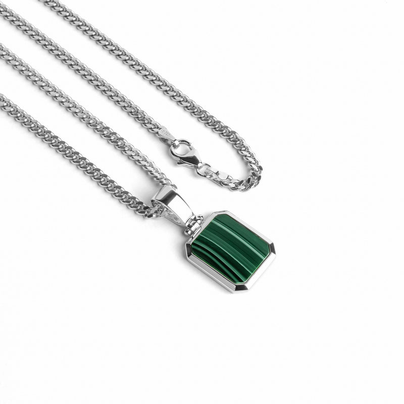 MALACHITE OCTAGON NECKLACE 925 SILVER RHODIUM-PLATED