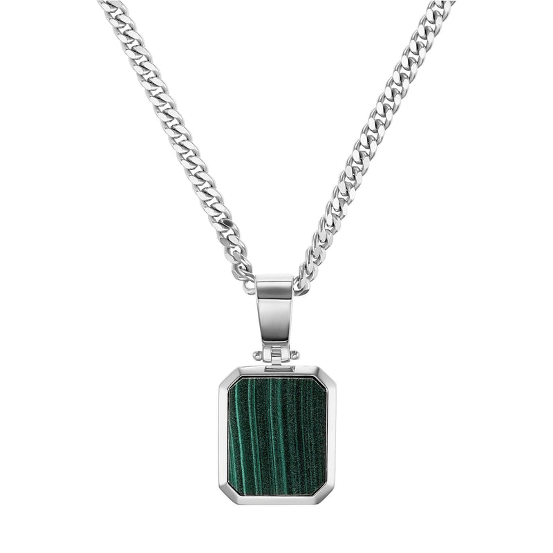 MALACHITE OCTAGON NECKLACE 925 SILVER RHODIUM-PLATED