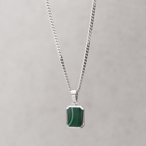 MALACHITE OCTAGON NECKLACE 925 SILVER RHODIUM-PLATED - IDENTIM®