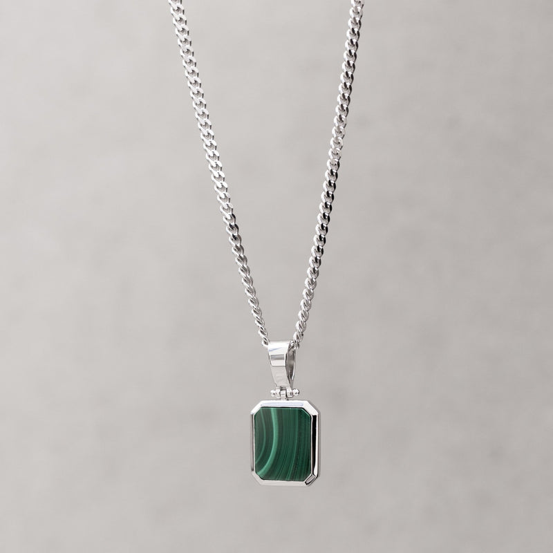 MALACHITE OCTAGON NECKLACE 925 SILVER RHODIUM-PLATED