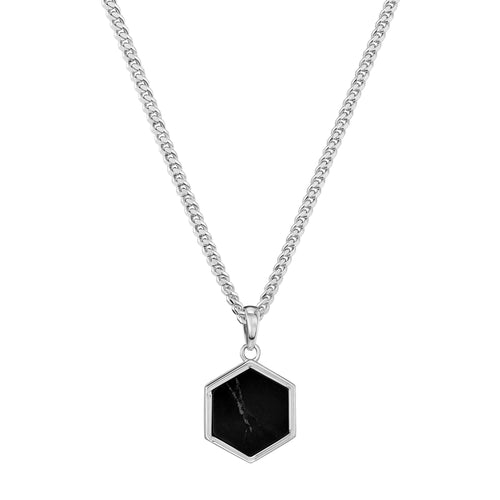 HEXAGON BLACK MARBLE NECKLACE 925 SILVER RHODIUM-PLATED