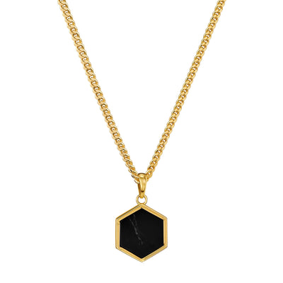 HEXAGON BLACK MARBLE NECKLACE 925 SILVER 18 CARAT GOLD PLATED