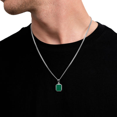 MALACHITE OCTAGON NECKLACE 925 SILVER RHODIUM-PLATED