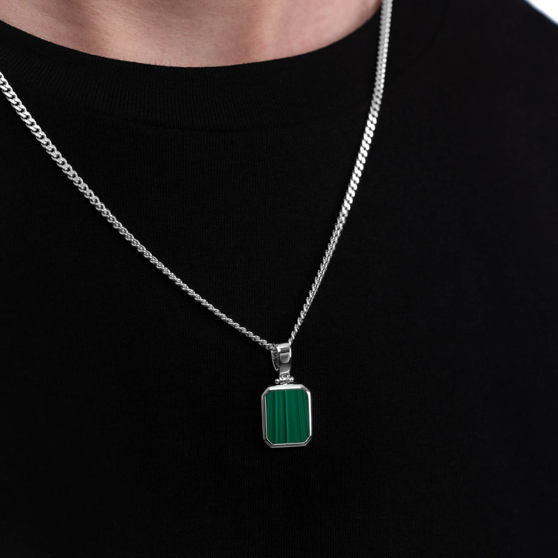 MALACHITE OCTAGON NECKLACE 925 SILVER RHODIUM-PLATED