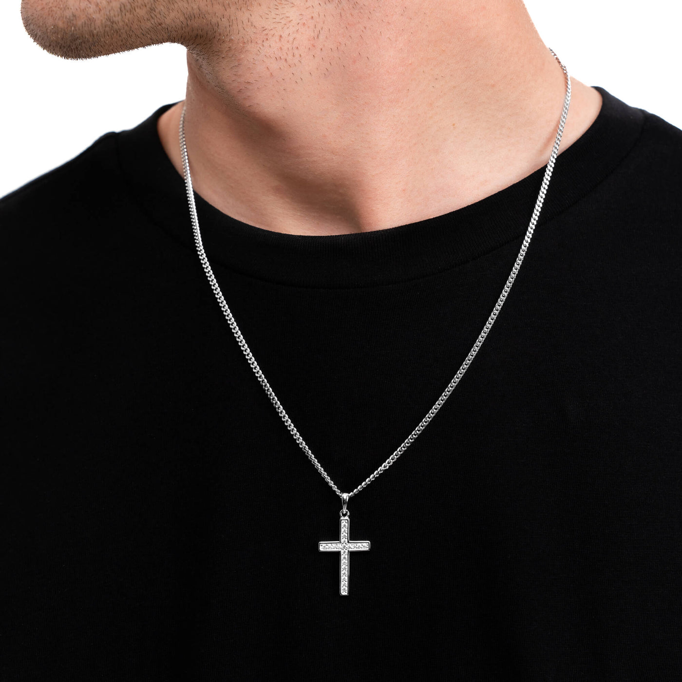 CROSS NECKLACE ICED OUT 925 SILVER RHODIUM PLATED