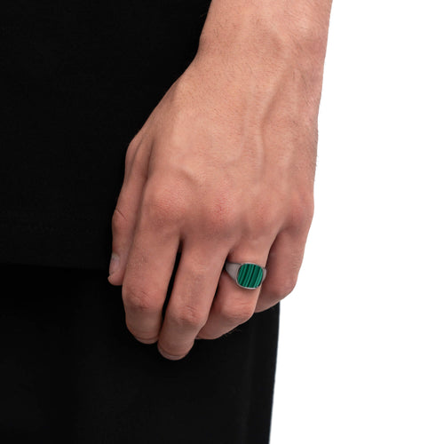 SIGNET RING MALACHITE SQUARE 925 SILVER RHODIUM PLATED