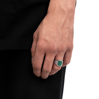 SIGNET RING MALACHITE OCTAGON 925 SILVER RHODIUM PLATED