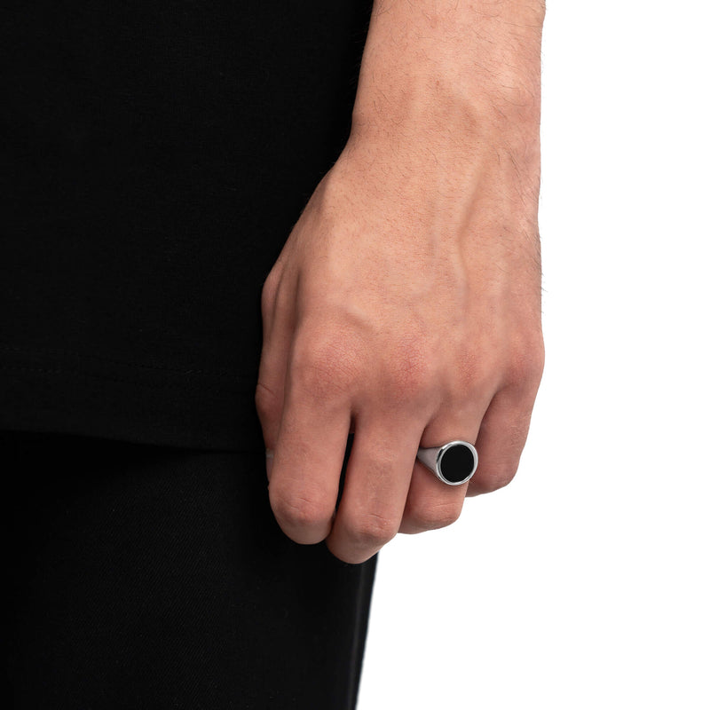 SIGNET RING ONYX OVAL 925 SILVER RHODIUM PLATED