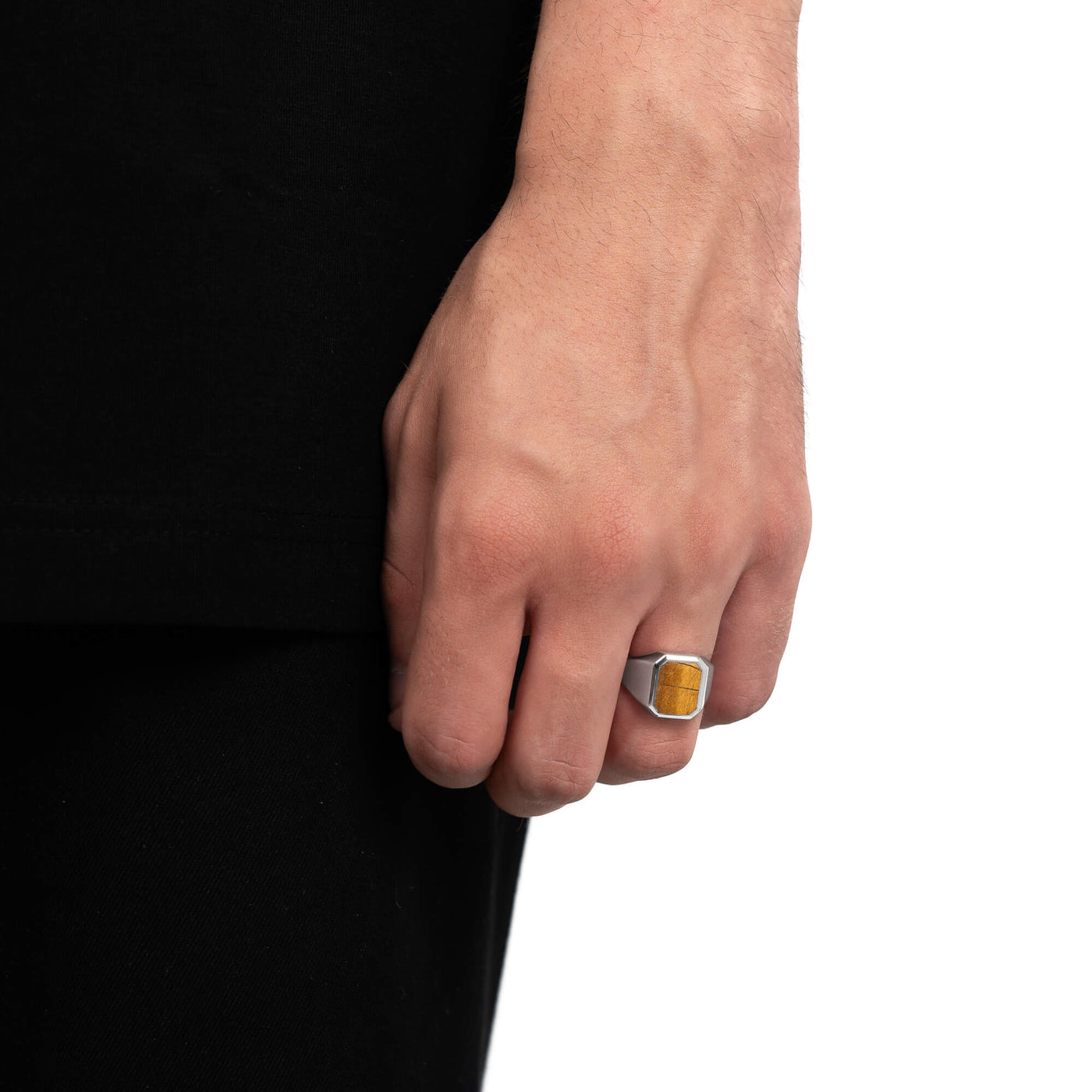 SIGNET RING TIGER EYE OCTAGON 925 SILVER RHODIUM PLATED