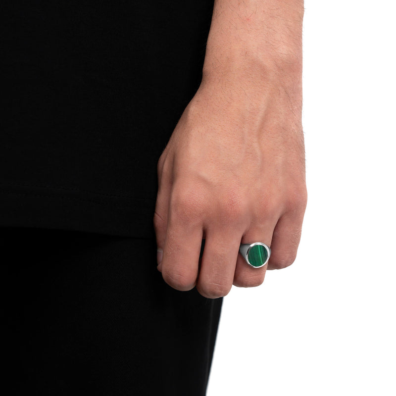 SIGNET RING MALACHITE OVAL 925 SILVER RHODIUM PLATED