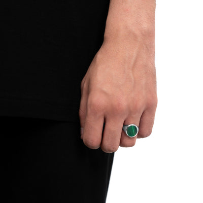 SEALING RING MALACHITE OVAL 585, 750 WHITE GOLD, 950 PLATINUM