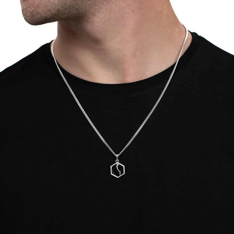 HEXAGON BLACK MARBLE NECKLACE 925 SILVER RHODIUM-PLATED