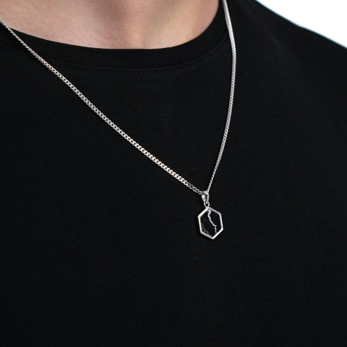 HEXAGON BLACK MARBLE NECKLACE 925 SILVER RHODIUM-PLATED