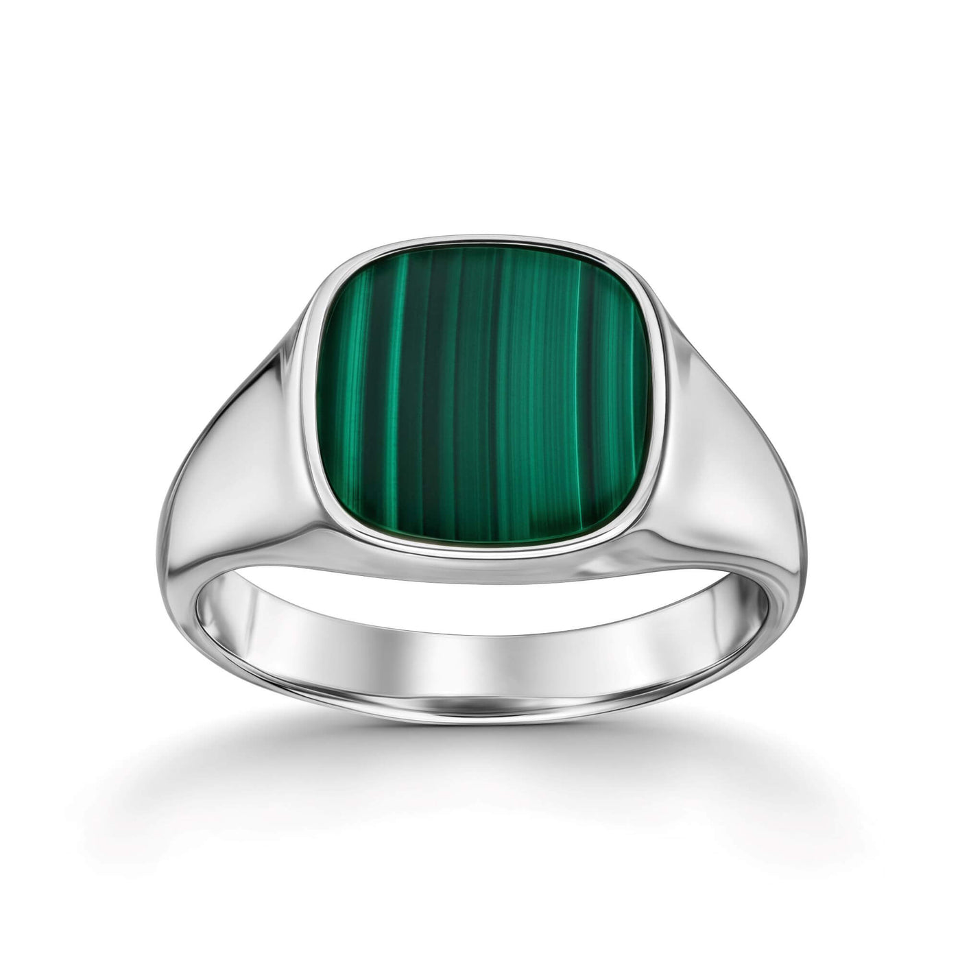 SEALING RING MALACHITE SQUARE 585, 750 WHITE GOLD, 950 PLATINUM