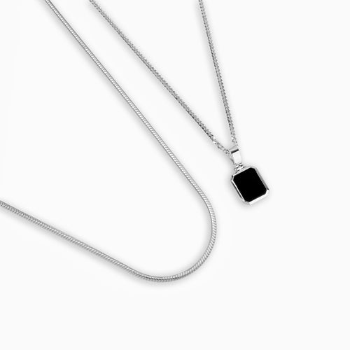 ONYX NECKLACE SNAKE CHAIN SET 925 SILVER RHODIUM-PLATED