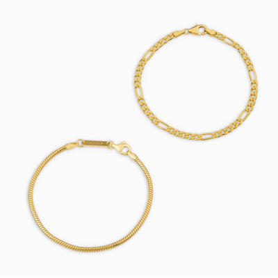 BRACELET SET SNAKE FIGARO GOLD BRACELET 925 SILVER 18 CARAT GOLD PLATED
