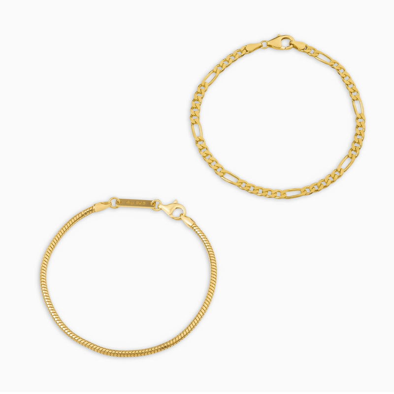 BRACELET SET SNAKE FIGARO GOLD BRACELET 925 SILVER 18 CARAT GOLD PLATED