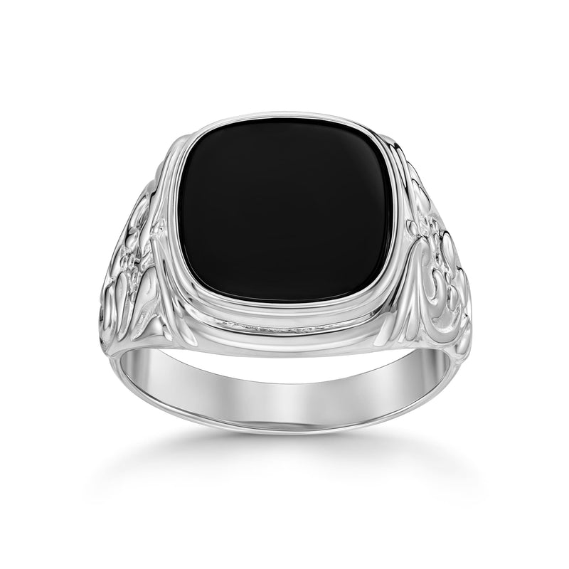ART NOUVEAU SEAL RING ONYX 585, 750 WHITE GOLD, 950 PLATINUM