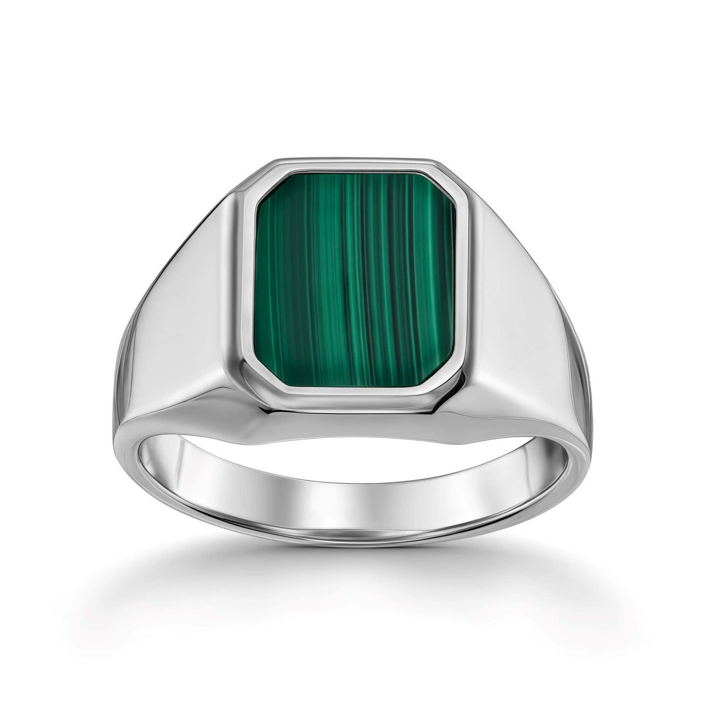 SEALING RING MALACHITE OKTAGON 585, 750 WHITE GOLD, 950 PLATINUM