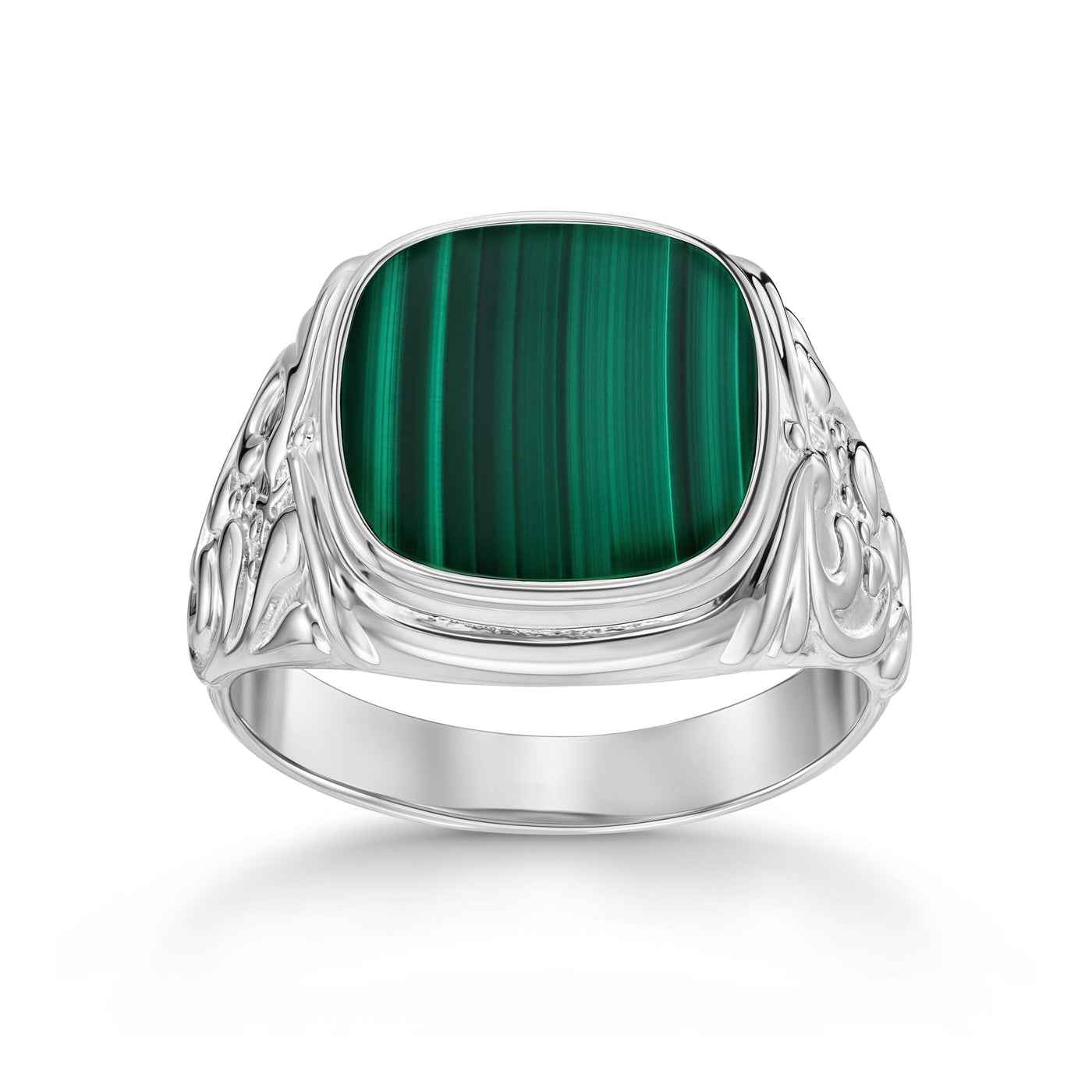ART NOUVEAU SEALING RING MALACHITE 585, 750 WHITE GOLD, 950 PLATINUM