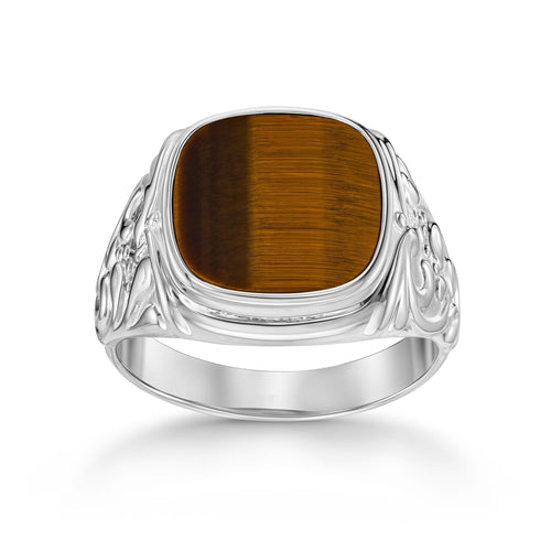 ART NOUVEAU SEAL RING TIGERAUGE 585, 750 WHITE GOLD, 950 PLATINUM