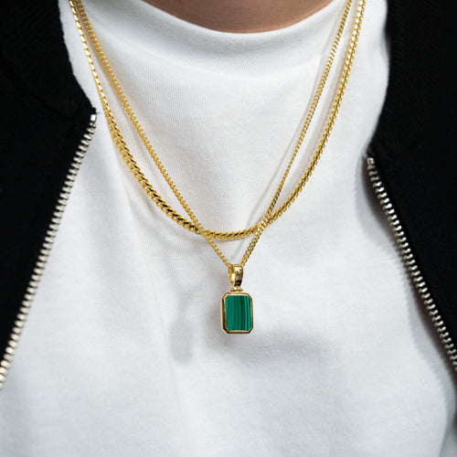 MALACHITE NECKLACE CURB CHAIN SET 925 SILVER 18 CARAT GOLD PLATED