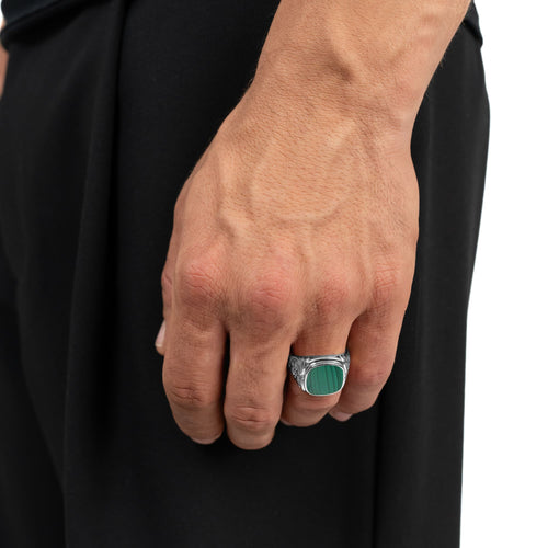 ART NOUVEAU SEALING RING MALACHITE 585, 750 WHITE GOLD, 950 PLATINUM