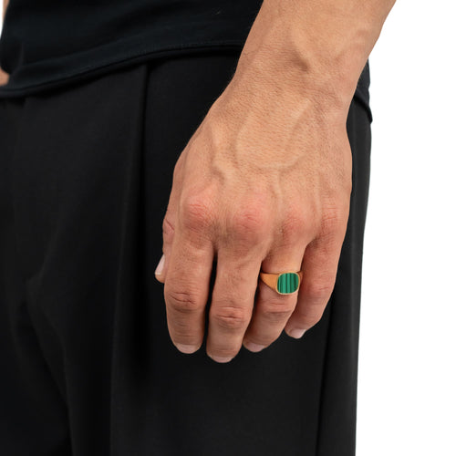 SIGNET RING MALACHITE SQUARE 585, 750 GOLD