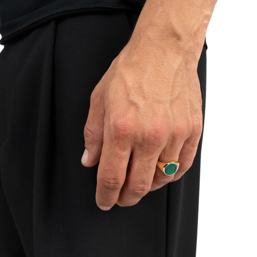 SIGNET RING MALACHITE OVAL 585, 750 GOLD