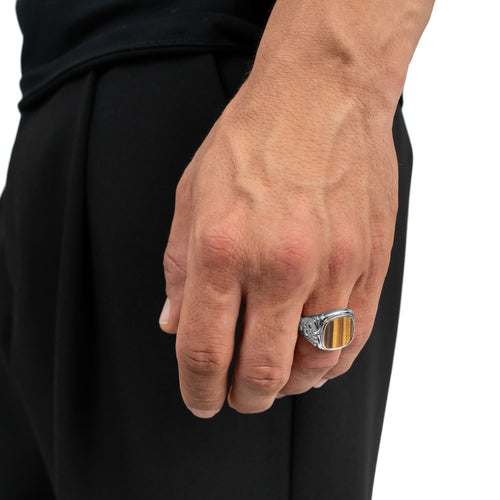 ART NOUVEAU SEAL RING TIGERAUGE 585, 750 WHITE GOLD, 950 PLATINUM
