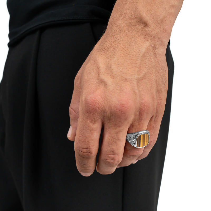 ART NOUVEAU SEAL RING TIGERAUGE 585, 750 WHITE GOLD, 950 PLATINUM