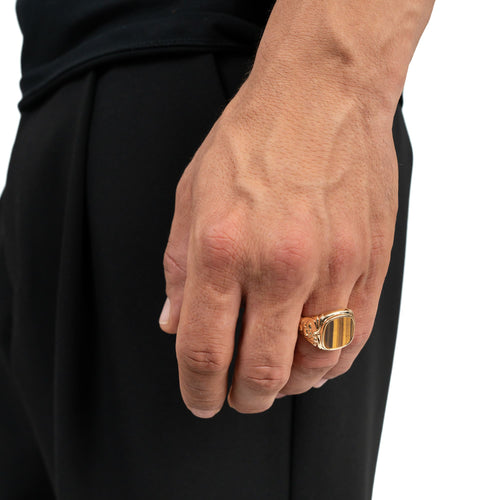 ART NOUVEAU SIGNET RING TIGER'S EYE 585, 750 GOLD